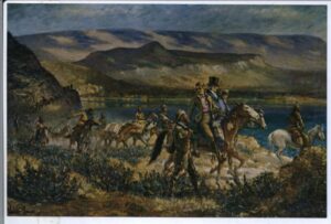 The men of the HBC Brigades riding along the shores of Lake Okanagan