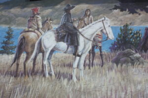 A detail from a Larry Hunter mural in Summerland, showing the men along the Brigade Trail, from nancymargueriteanderson.com
